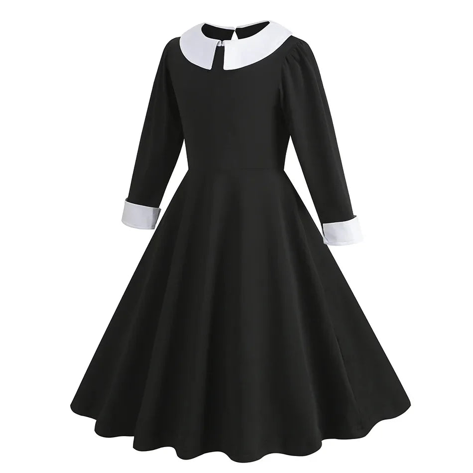 Black Dress Girls TV Series Role Playing Halloween Costume Toddler Adams Weirdo Family Cosplay Apparel Badiee Stylez