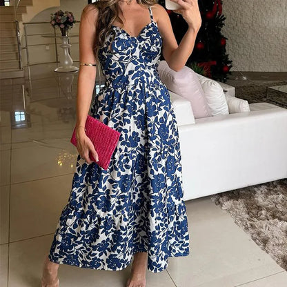 Bohemian Beach Sundresses For Women Fashion Floral Printed Sexy Sling Maxi Dresses Oversized Ladies Casual Long Dress DEEP BLUE