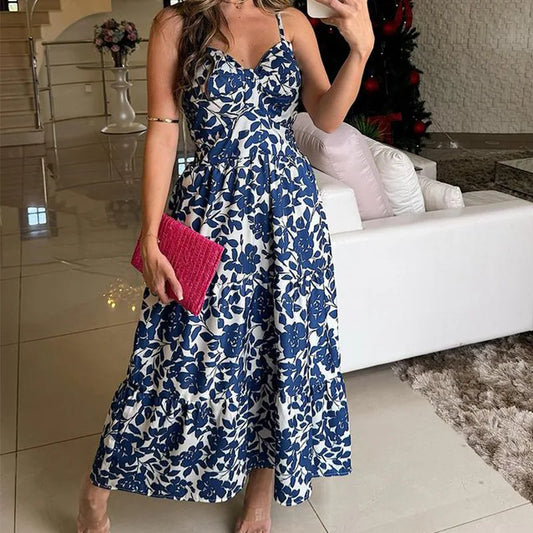 Bohemian Beach Sundresses For Women Fashion Floral Printed Sexy Sling Maxi Dresses Oversized Ladies Casual Long Dress DEEP BLUE