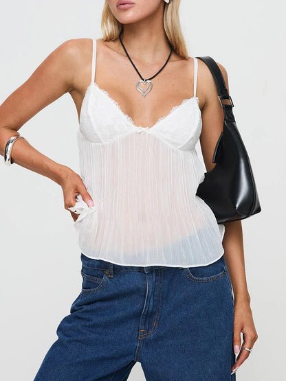 New Fashion Womens Pleated Camisole Mini Bowknot Front Spaghetti Strap V-Neck Lace Cropped Tops Club Street Style Hot Sale S-XL