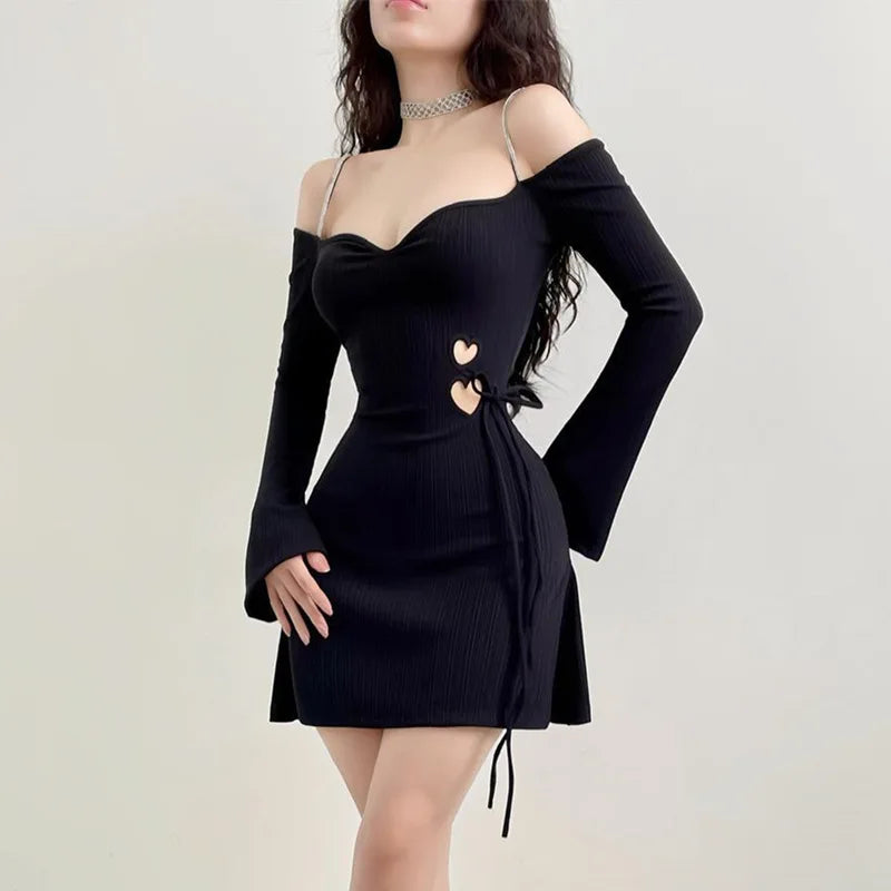 Sexy Black Dresses Autumn New Women Mini Dresses Streetwear Fashion Folds Long Sleeves V-Neck Dress Casual Slim Elegant Clothing