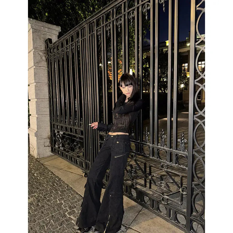 Deeptown Y2k Black Sexy Shirts Women V Neck Coquette Harajuku American Vintage Zip Up Blouse Slim Gyaru Cardigan Streetwear