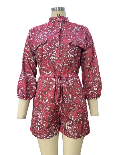 BAMBOOBOY Women Summer Long Sleeve Playsuit with Waist Elastic Band Casual Stand Collar Pocket Loose Wide Leg Short Jumpsuit