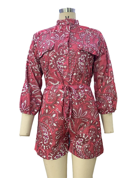 BAMBOOBOY Women Summer Long Sleeve Playsuit with Waist Elastic Band Casual Stand Collar Pocket Loose Wide Leg Short Jumpsuit