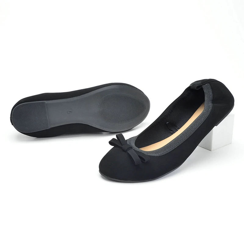 Ballet shoes with bows embellished, flat for commuting casual, soft and foldable soles black