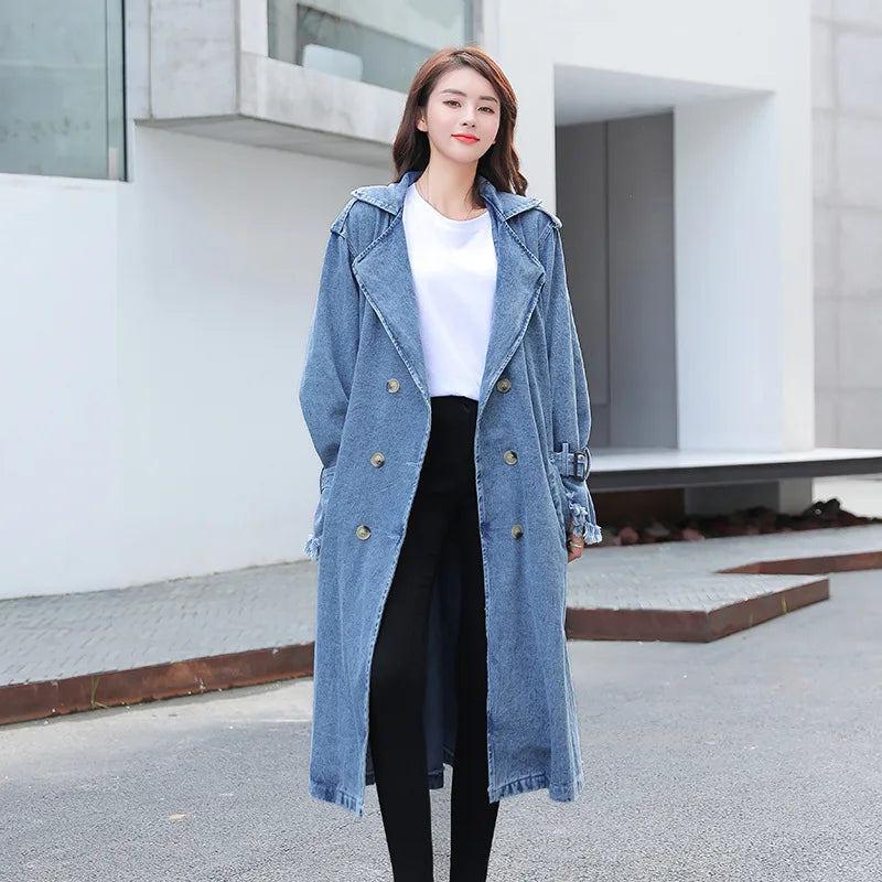 Trench Denim Coat Women Long Coats Lace Up Belt High Waist Turn Down Collar Maxi Jackets Y2k Single Breasted Elegant Autumn