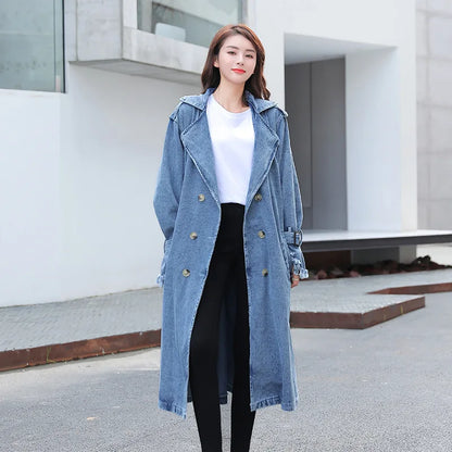 Trench Denim Coat Women Long Coats Lace Up Belt High Waist Turn Down Collar Maxi Jackets Y2k Single Breasted Elegant Autumn