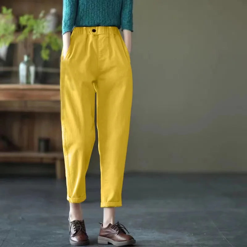 New Spring Summer Women Casual Harem Pants All-matched Casual Cotton Denim Pants Elastic Waist Solid Yellow White Jeans Female