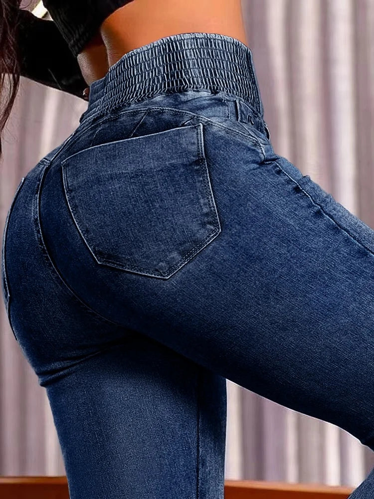2025 Fashion Straight High Waist Jeans Women Elastic Skinny Denim Pants Y2K Trousers Shaping Butt Lift Slim-fit Jeans Black DEEP BLUE L33