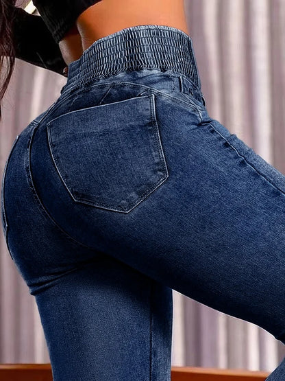2025 Fashion Straight High Waist Jeans Women Elastic Skinny Denim Pants Y2K Trousers Shaping Butt Lift Slim-fit Jeans Black DEEP BLUE L33
