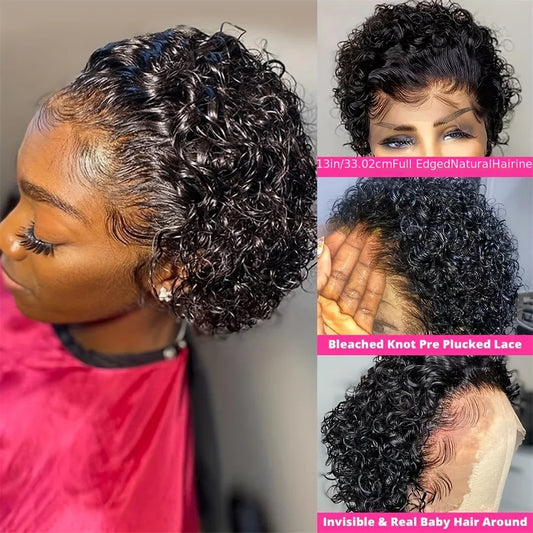 99J Short Curly Lace Front Human Hair Wigs 13X1 Pixie Cut Short Curly Human Hair Wigs Red Water Wave Wigs For Women Human Hair
