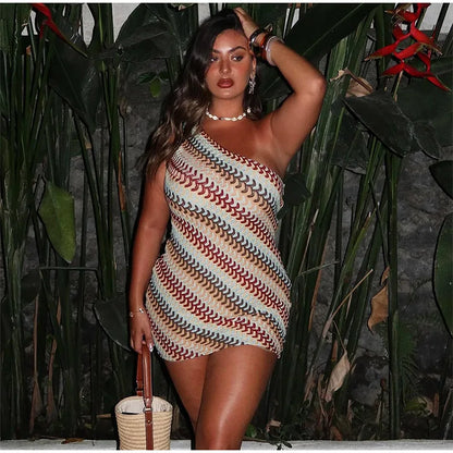 Rainbow Knitted Single Shoulder Mini Dress Women Sexy Sleeveless Waist Hugging Tight Short Dresses 2025 New Summer Party Vestido