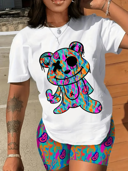 Plus Size Women's Cartoon Rabbit Print T-shirt, Casual Crew Neck Short Sleeve Summer T-shirt, Ladies Cute O-Neck Clothing T1223-020