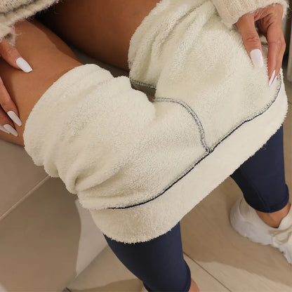 Women Lamb Fleece Leggings Seamless High Waist Thermal Winter Warm Tights Solid Stretchy Casual Pants Female Streetwear Jogger No pattern navy
