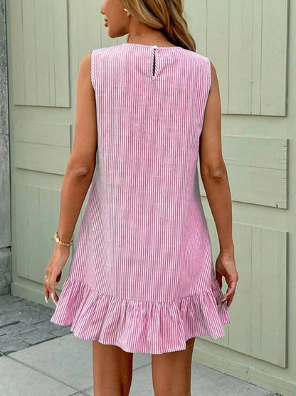 Summer casual and fashionable new cotton linen sleeveless ruffle edge dress