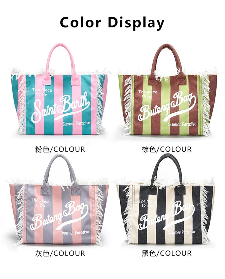European and American Letters Tassel Canvas Bag Arge Capacity Handbags Travel Women Beach Tote Bag Fashion Casual Shopping Bags