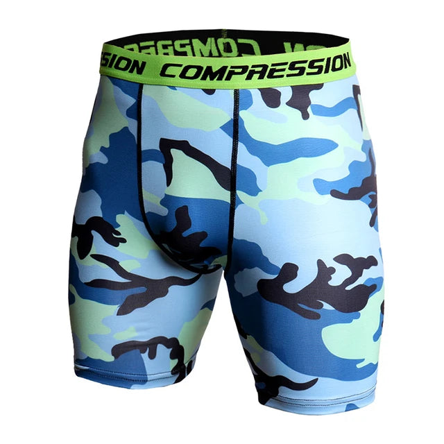 Compression Shorts Men 3D Print Camouflage Bodybuilding Tights Short Men Gyms Shorts Male Muscle Sport Elastic Running Shorts Camo Blue