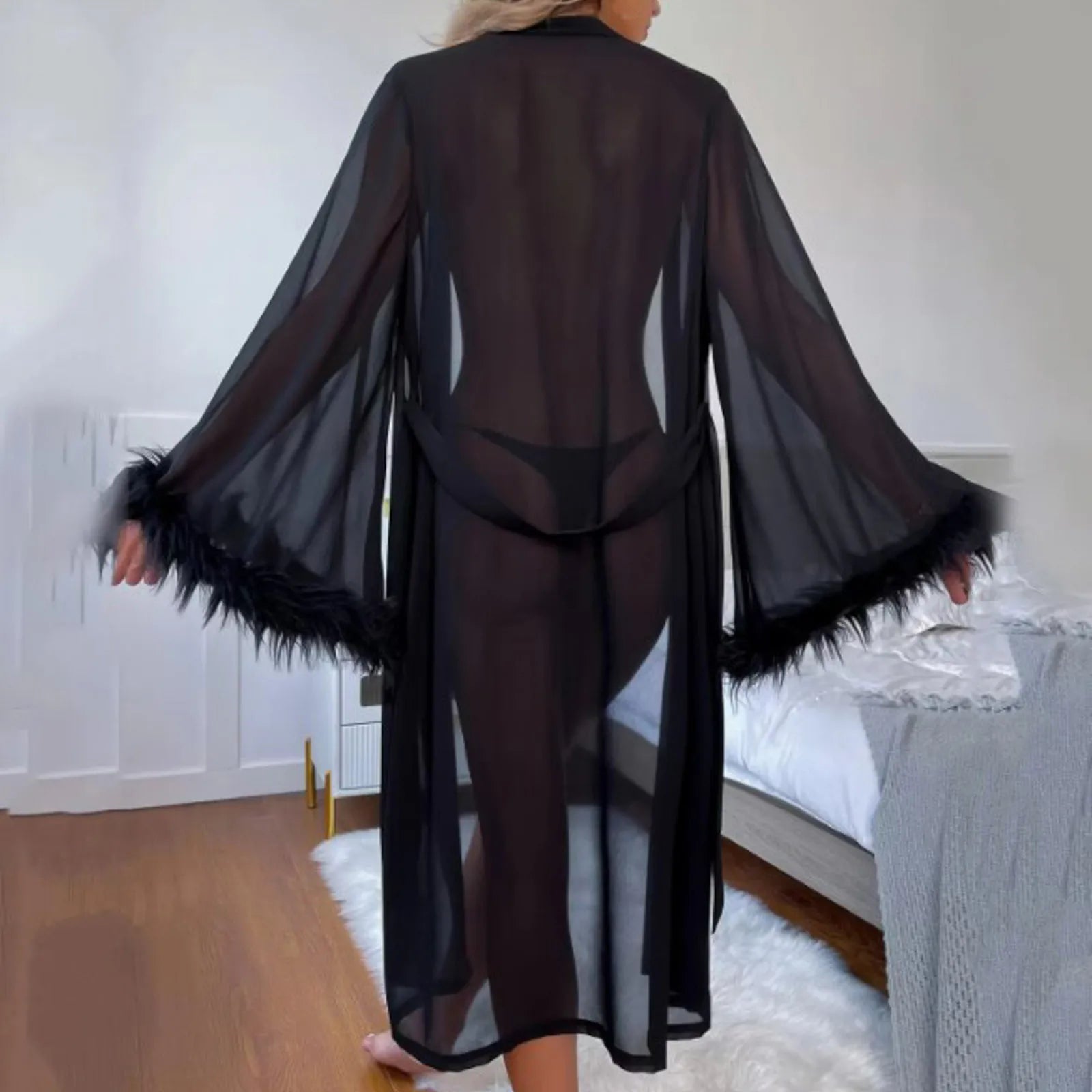 Women Fashion Bathrobe Lacing Up Sexy Lingerie Tulle Underwear Dress Floor Length Maxi Dressing Gown Robes Feather Long Robe