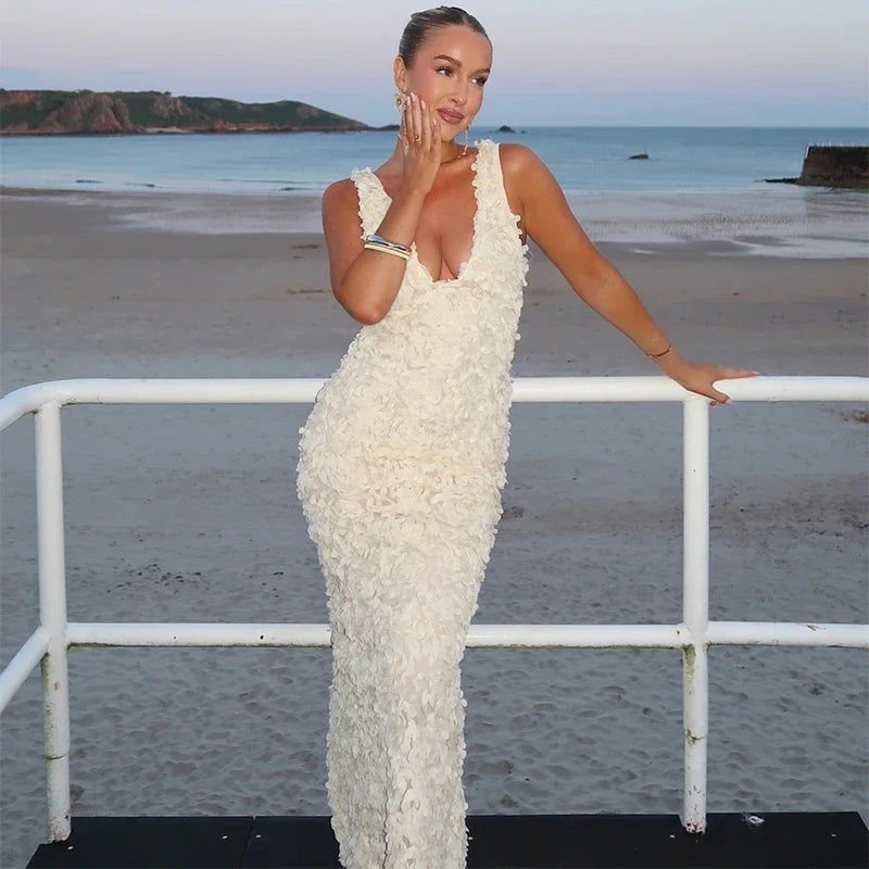 Sexy 3D Flower Deep V-neck Dress Women Slim Sleeveless Backless Split Hip Package Midi Dresses 2025 Spring Ladies New Vestidos