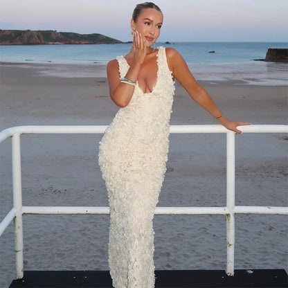 Sexy 3D Flower Deep V-neck Dress Women Slim Sleeveless Backless Split Hip Package Midi Dresses 2025 Spring Ladies New Vestidos