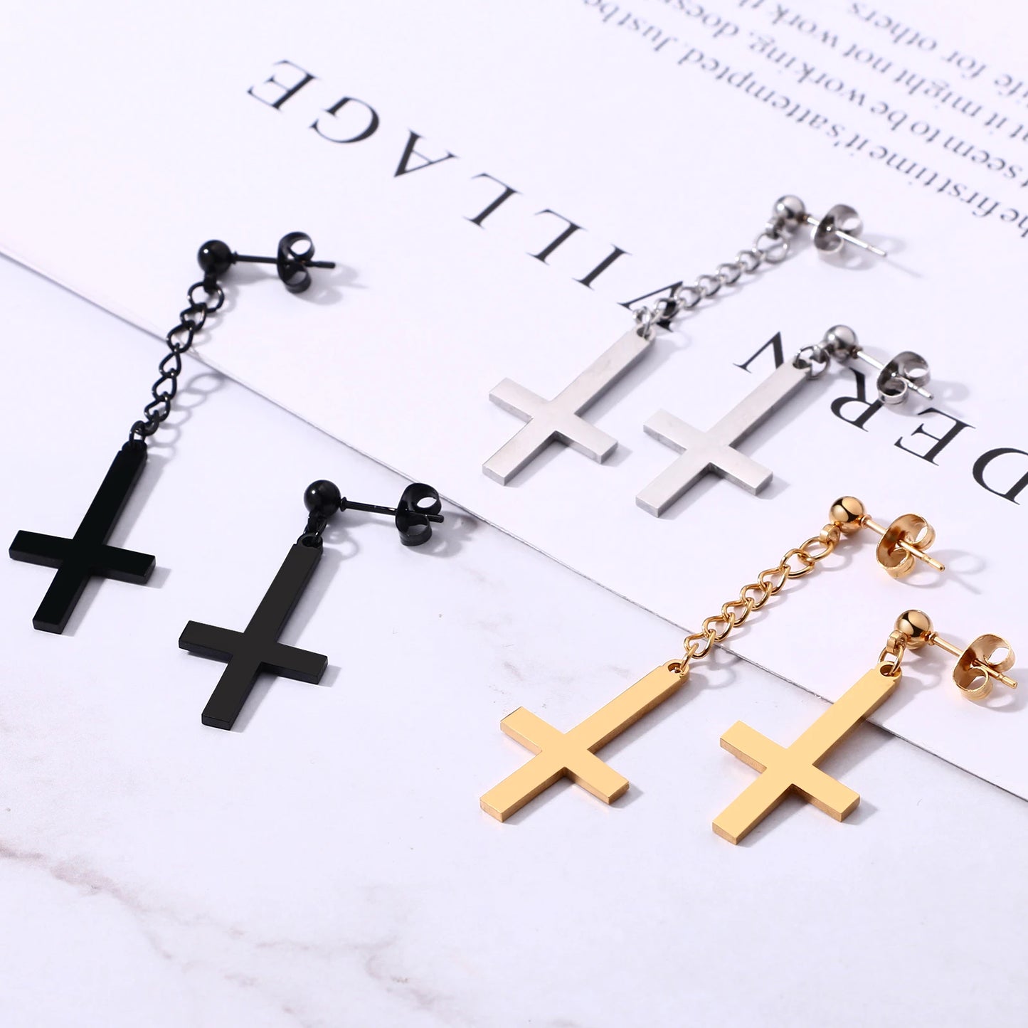 BONISKISS Men Women Stainless Steel Inverted Upside Down Cross Earring Church of Satan Temple Occult Satanic Witchy Stud Jewelry