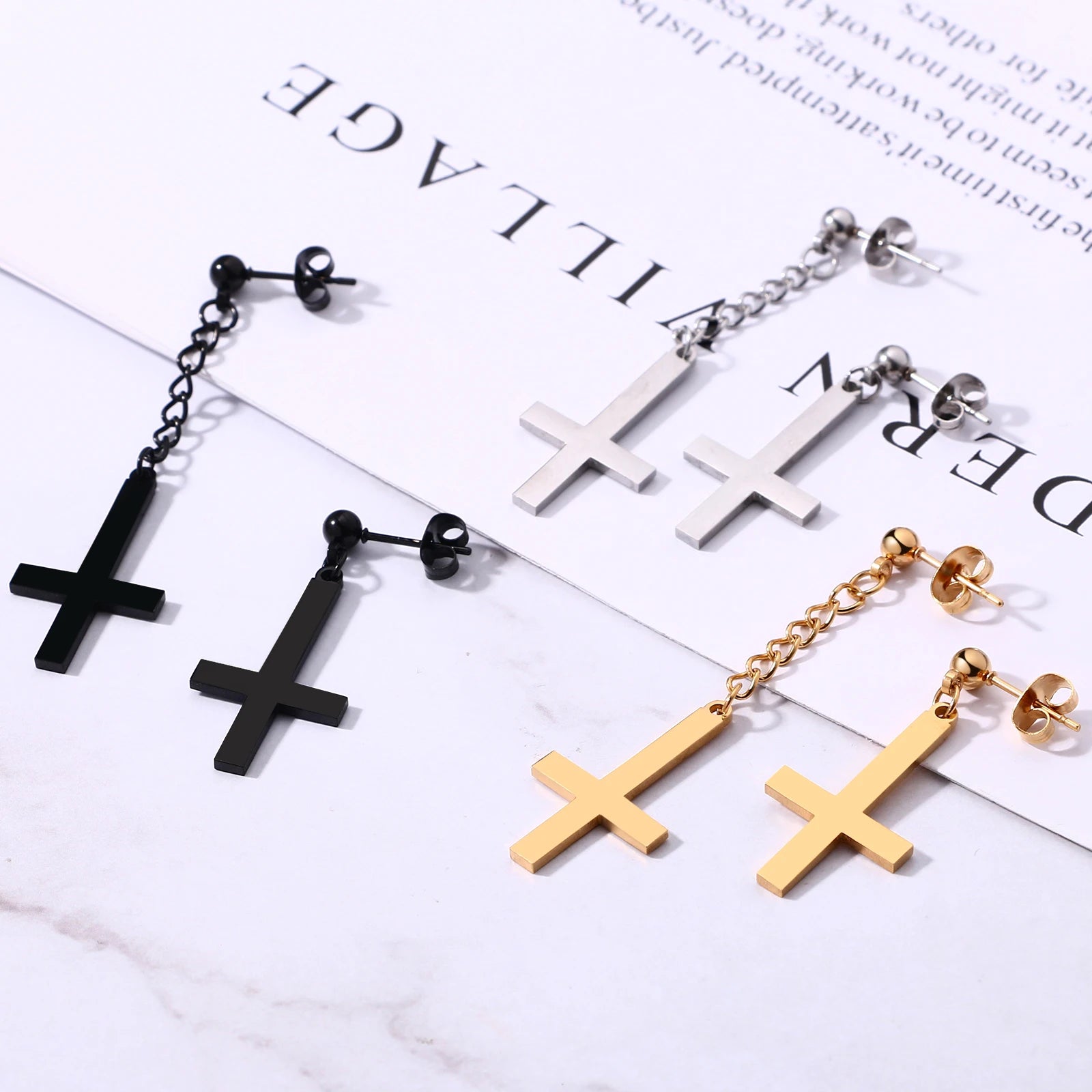 BONISKISS Men Women Stainless Steel Inverted Upside Down Cross Earring Church of Satan Temple Occult Satanic Witchy Stud Jewelry