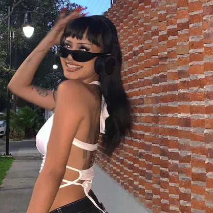 Y2K Sexy Backless Summer Crop Top Women Hollow Out White Sleeveless Bandage Halter Tank Tops Streetwear Cami 90s