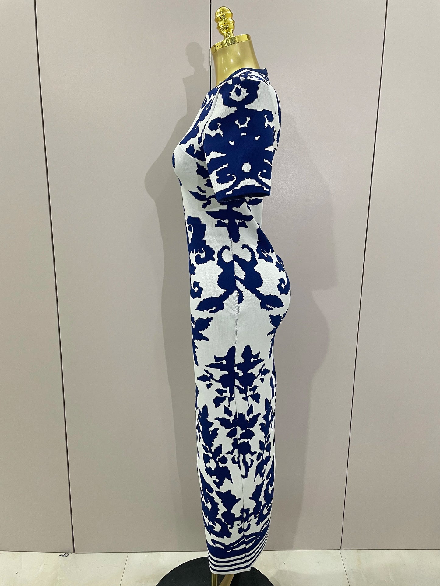 2025 New Sexy Short Sleeve Jacquard Blue Bandage Bodycon Long Dress Women Celebrity Elegant Evening Club Party Luxury Dresses