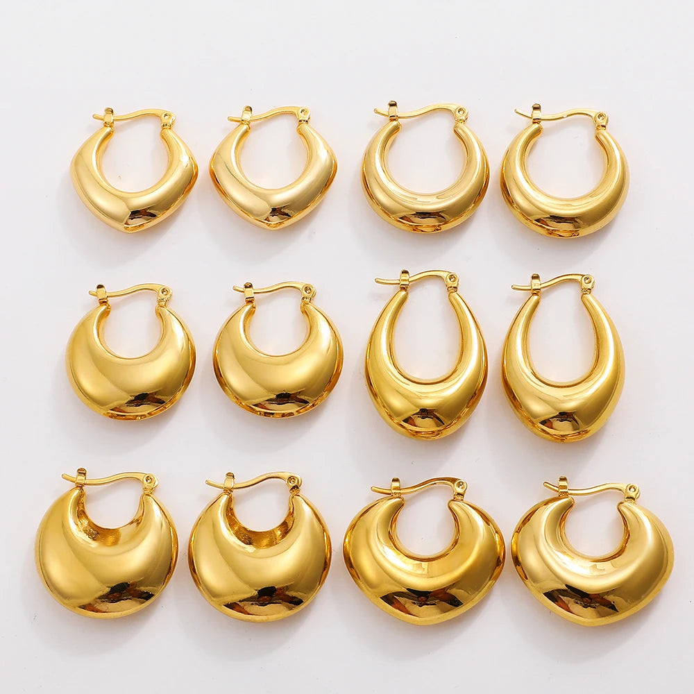 Fashion Glossy Stainless Steel Chunky Hoop Earrings for Women Gold Plated Thick Texture Geometric Circle Earring Vintage Jewelry