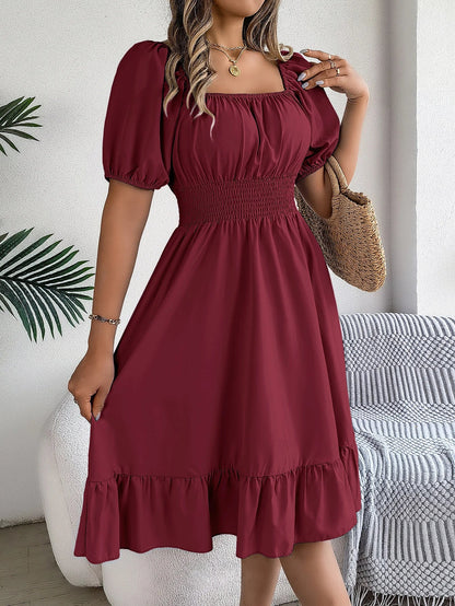 Spring and Summer Elegant High Waisted Dress Square Neck Short Sleeved Ruffled Edge Long Dresses for Women Badiee Stylez