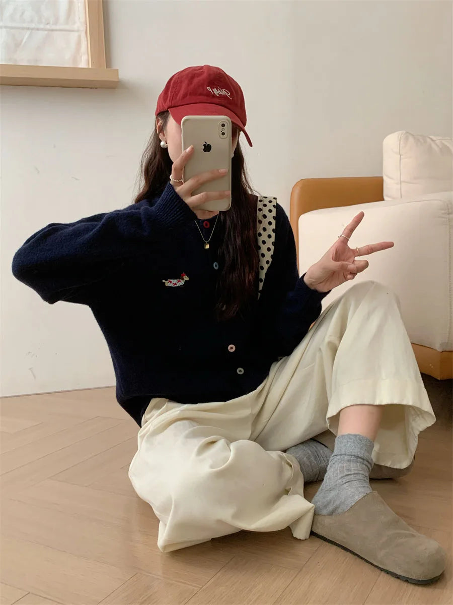 Women Knitwear Chic Embroidery Loose Casual Cardigan Autumn Winter Soft Elegant O-neck Sweaters Commute Basic Knitted Tops