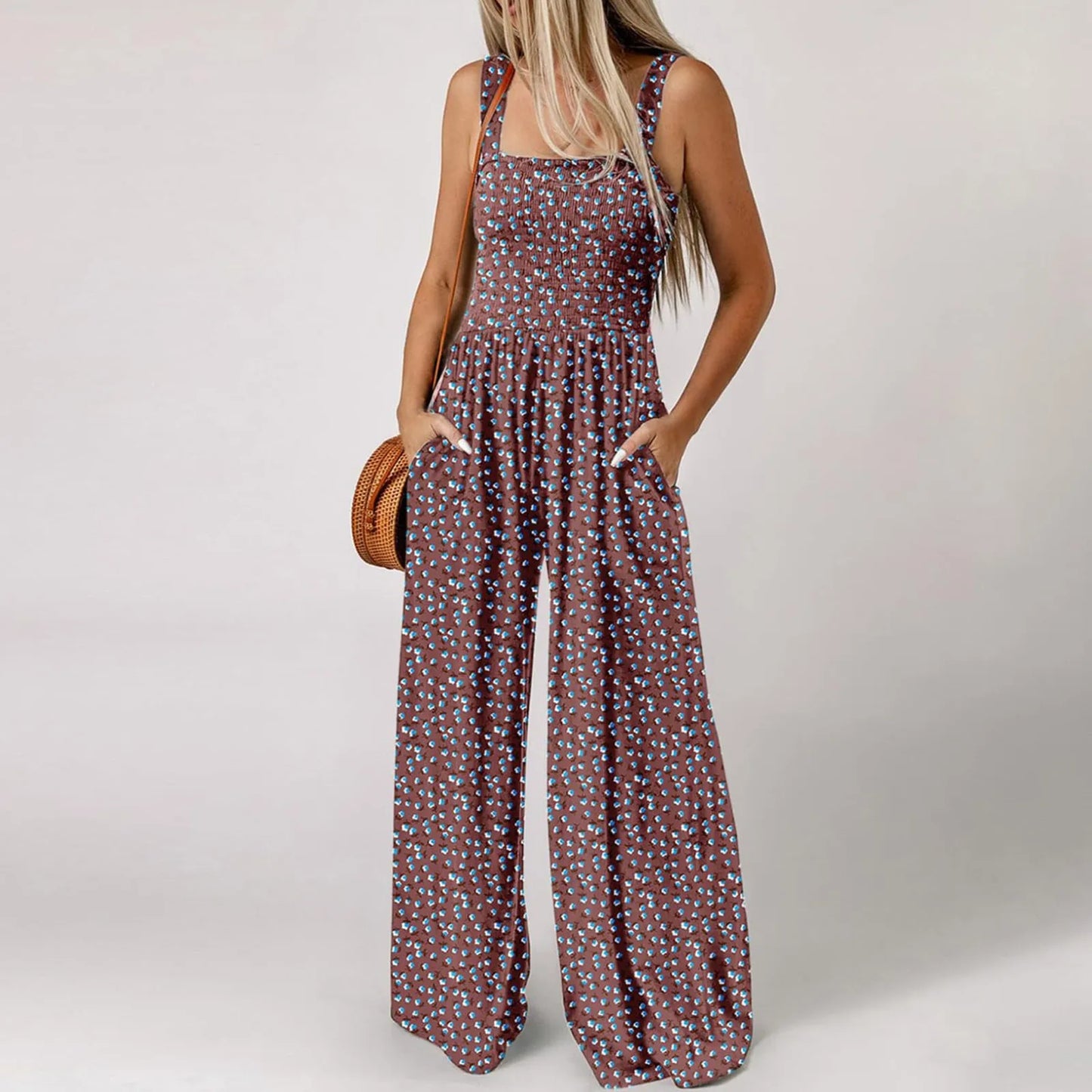 Women'S Suspender Jumpsuits Fashion Trend Pleated Shoulder Straps Printed Pocket Loose Wide Leg Jumpsuits Daily Casual All-Match