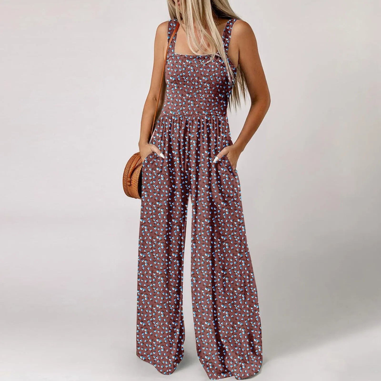 Women'S Suspender Jumpsuits Fashion Trend Pleated Shoulder Straps Printed Pocket Loose Wide Leg Jumpsuits Daily Casual All-Match