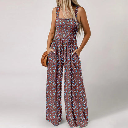 Women'S Suspender Jumpsuits Fashion Trend Pleated Shoulder Straps Printed Pocket Loose Wide Leg Jumpsuits Daily Casual All-Match