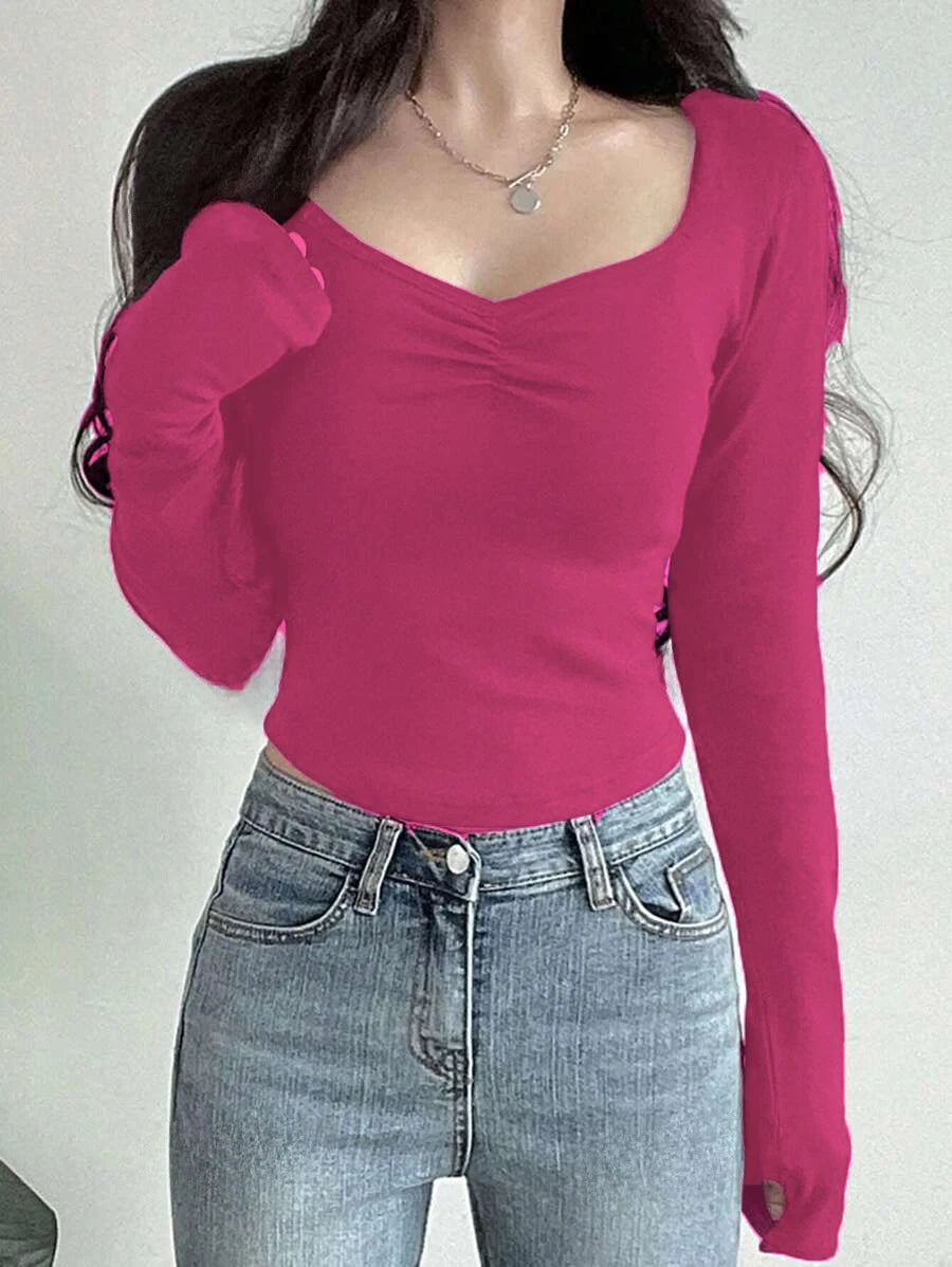Women Long Sleeve Tops - Sexy Going Out Sweetheart V Neck Basic Shirts Tight Slim Fall Trendy Clothing