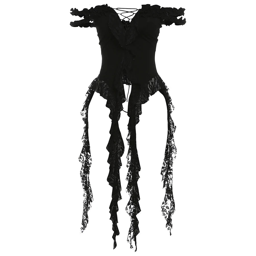 Sylcue Summer New Fashionable High Street Sweet Gentle Sexy Youth Girls Solid Color Shoulder Fringe Long Top black