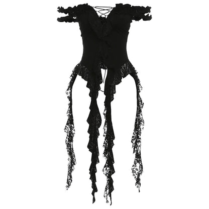 Sylcue Summer New Fashionable High Street Sweet Gentle Sexy Youth Girls Solid Color Shoulder Fringe Long Top black