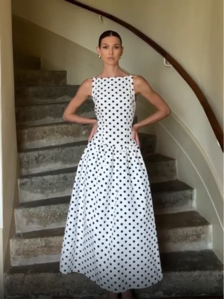 Fashion Polka Solid Slim Vestido Lady Elegant Chic Sleeveless Off Shoulder Pleat Square Neck Maxi Dress Summer Dinner Party Wear