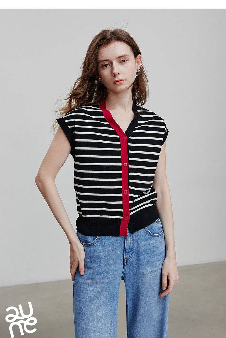 TOYOUTH Women Knitwear 2025 Summer New Short Sleeve Striped Contrast Color Pullover Tops 8523018