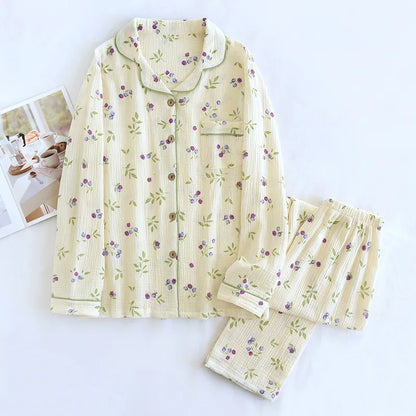 2025 Spring and Autumn Women's Pajama Set 100% Cotton Crepe Long sleeved Pants Two piece Cute and Sweet Home Fury Set Ladies 03