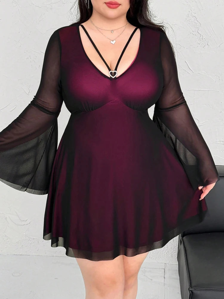 Plus Size 2025 New Sexy Color Crash V Neck Love Heart Flared Sleeve Long Sleeve A Pendulum Dress Short Dress