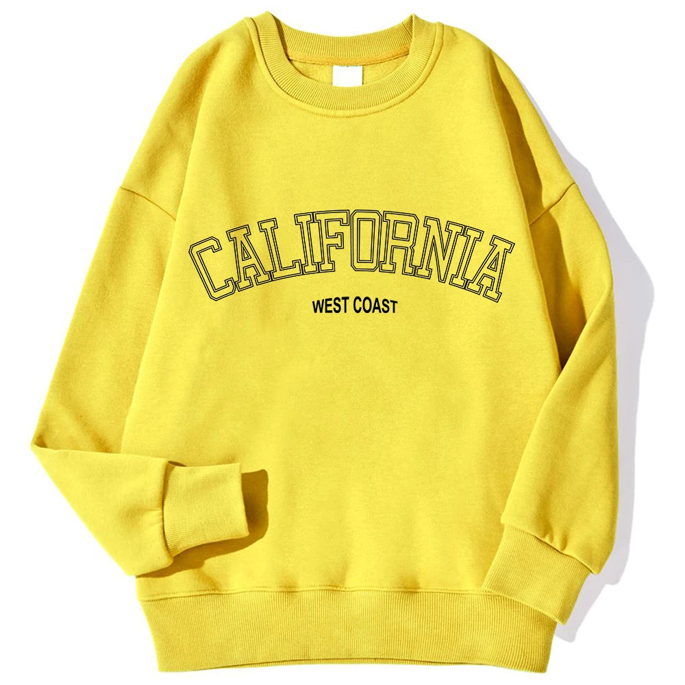 Korean Trend Woman Sweatshirts California West Coast Print Female hoodie Long Sleeves O-neck Pullovers Sporty and Rich Clothing Yellow