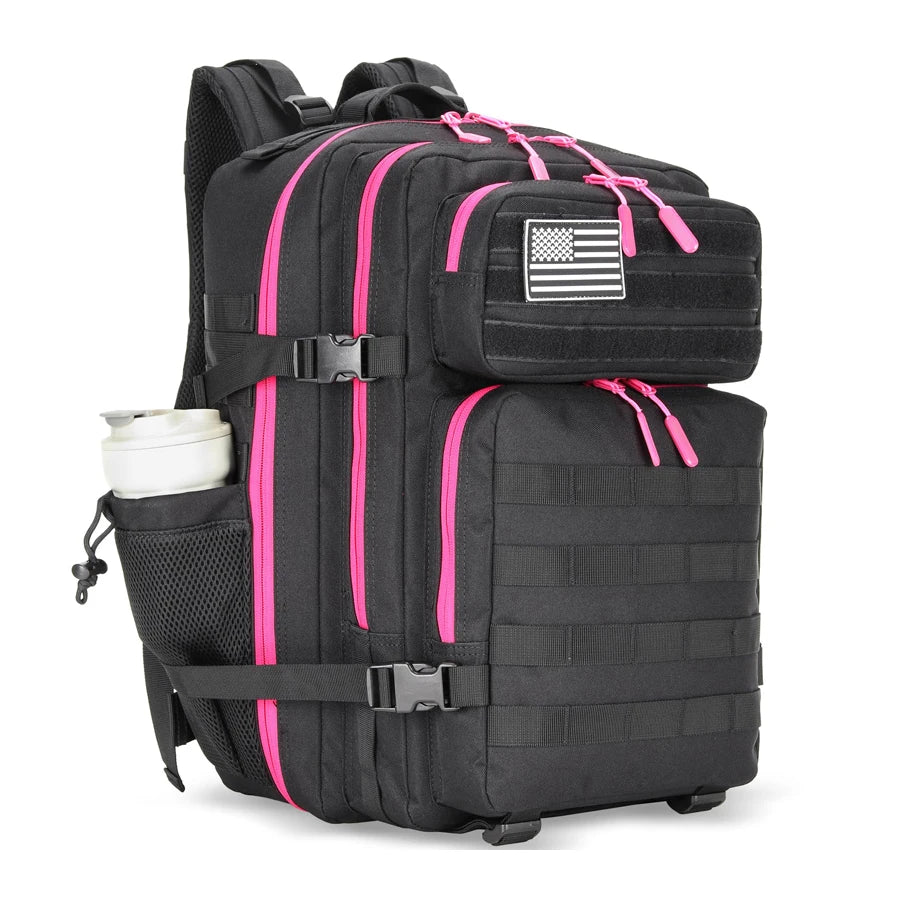 LHI 45L Tactical Backpack for Men and Women Large Athlete Gym Bag Outdoor Sports Hiking Survival Rucksack with Bottle Holder Black Rosy zip