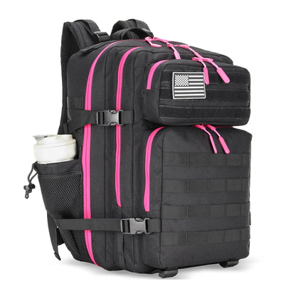 LHI 45L Tactical Backpack for Men and Women Large Athlete Gym Bag Outdoor Sports Hiking Survival Rucksack with Bottle Holder Black Rosy zip