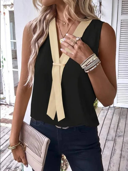Fashion Sleeveless V-neck Tank Top Women Solid Casual Blouse Shirt 2023 Summer Elegant Office Womens Tops And Blouses