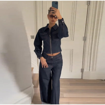 Lapel Zipper Denim Jackets Pants Sets Women Casual Pockets Short Jackets Suit With High Waist Jeans Lady Chic High Street Outfit