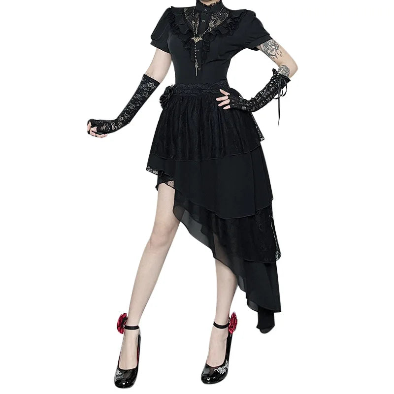 Harajuku American Fashion Gothic Black Irregular Layer Spliced Layered Skirt Women's Summer Fashion Street Y2K Long Skirt
