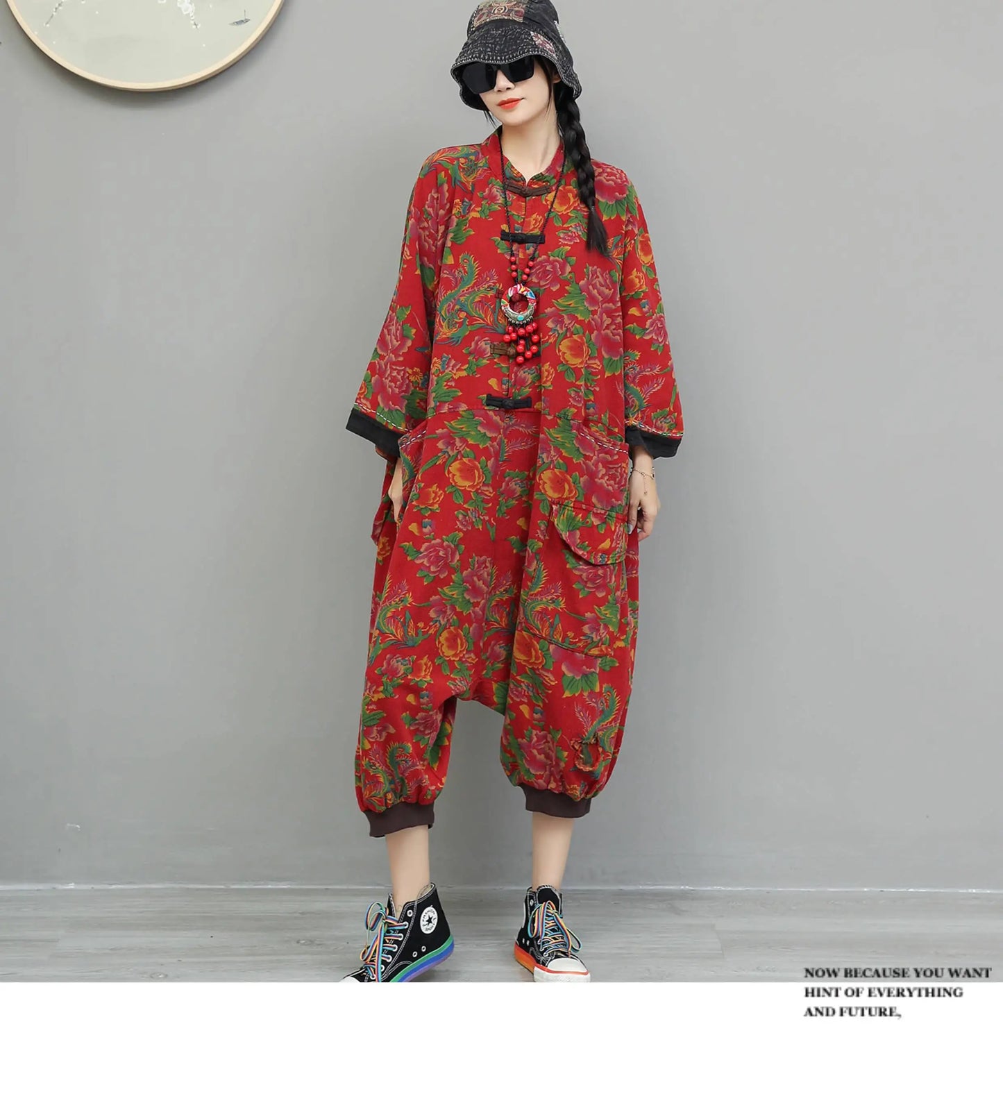 Artistic Large Floral Cotton Linen Chinese Style Button Embroidery Loose Casual Jumpsuit Women LX4344 Badiee Stylez