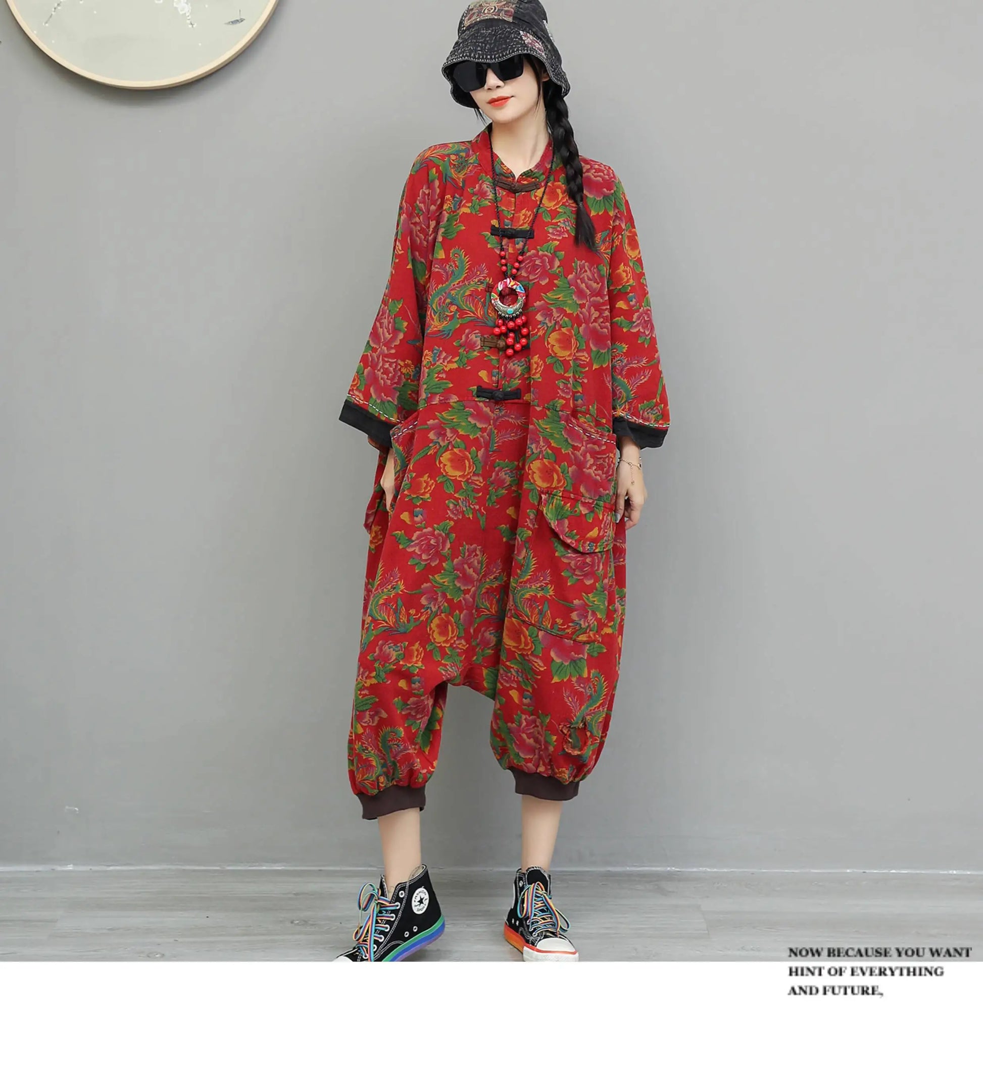 Artistic Large Floral Cotton Linen Chinese Style Button Embroidery Loose Casual Jumpsuit Women LX4344 Badiee Stylez