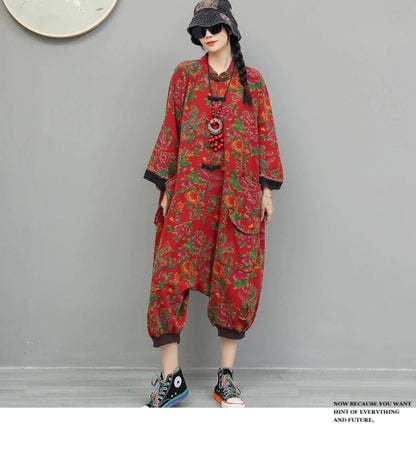 Artistic Large Floral Cotton Linen Chinese Style Button Embroidery Loose Casual Jumpsuit Women LX4344 Badiee Stylez